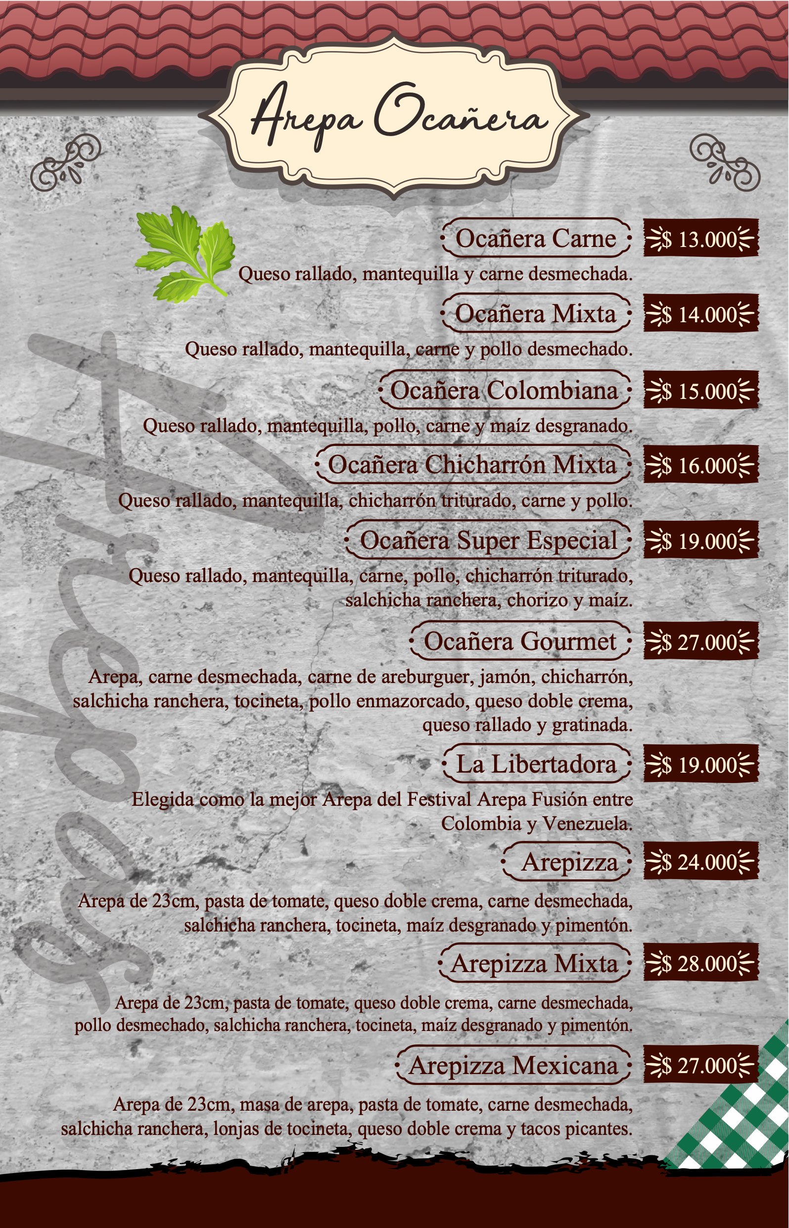 Carta Arepería La Ocañerita